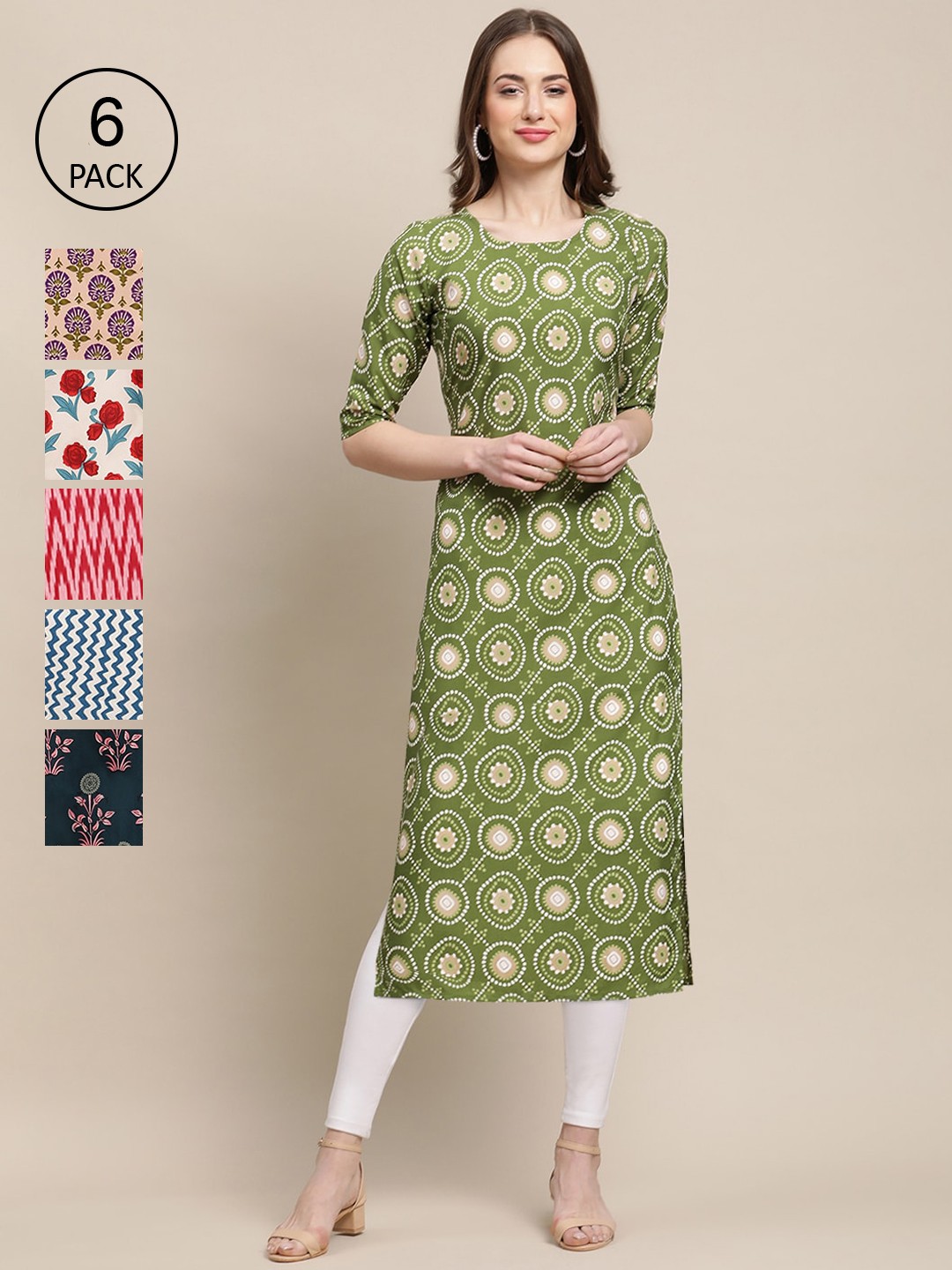 

7Threads Women Pack of 6 Floral Printed Crepe Kurta, Green