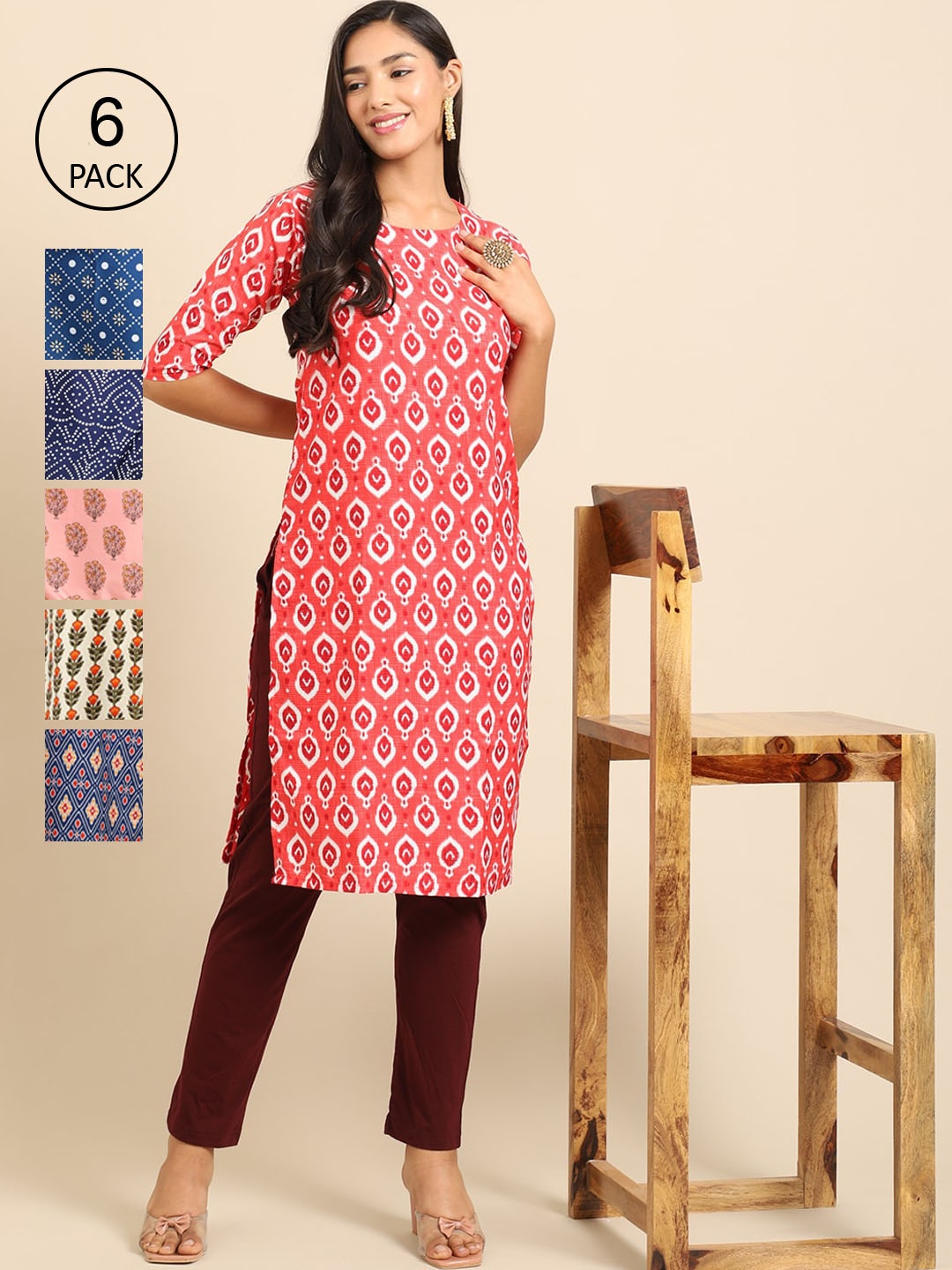 

7Threads Women Pack Of 6 Geometric Printed Block Print Crepe Kurta, Red