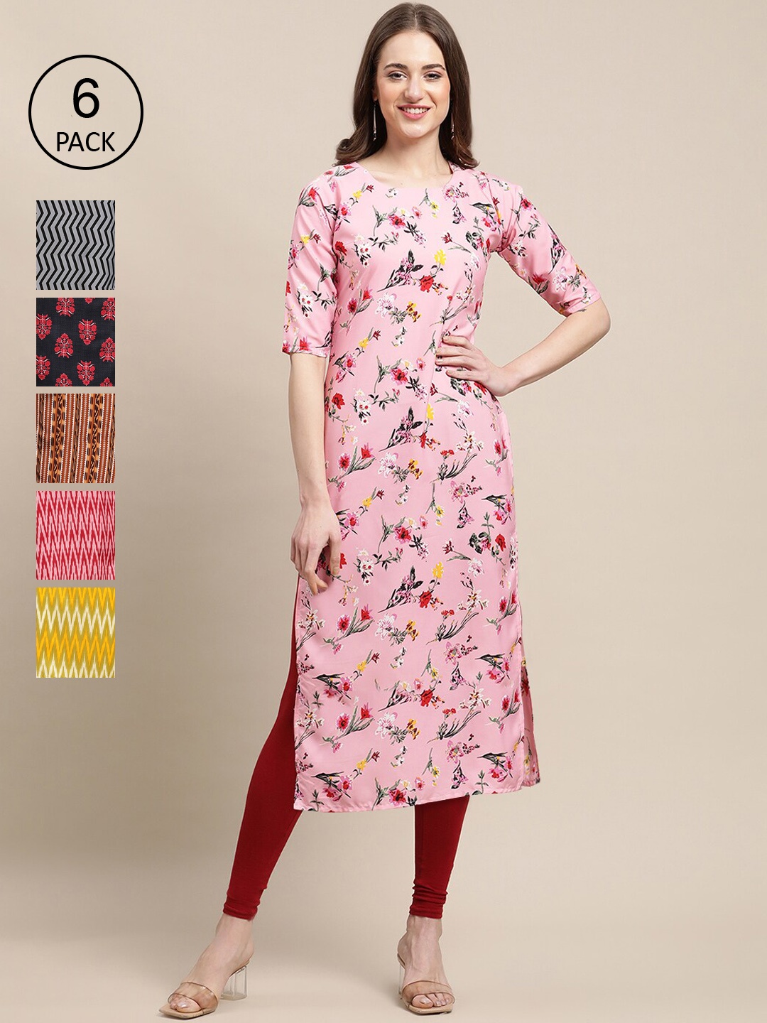 

7Threads Women Pack Of 6 Geometric Printed Block Print Crepe Kurta, Pink