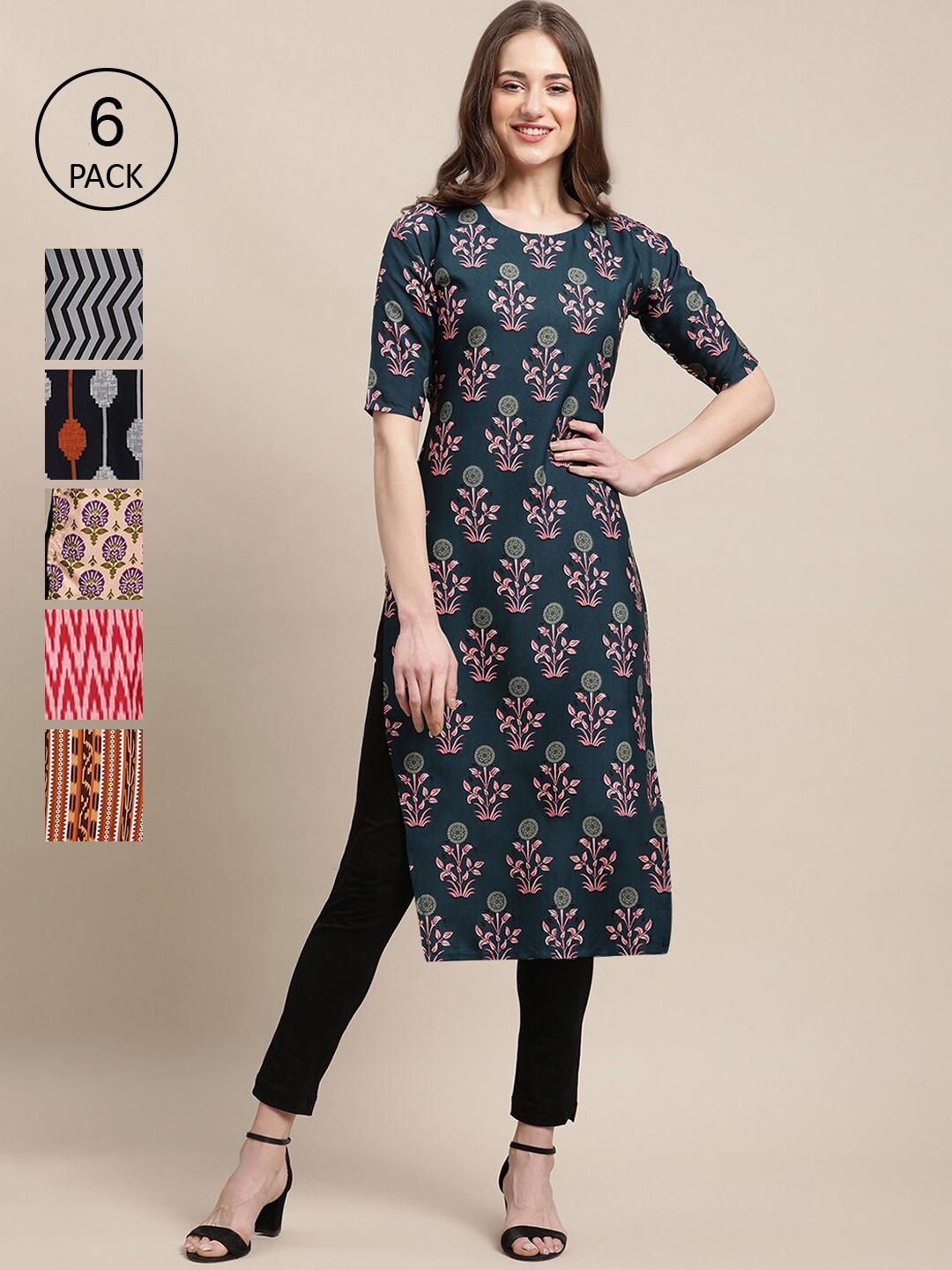 

7Threads Women's Crepe Multi Color Digital Printed Straight Kurta [PACK OF 6]
