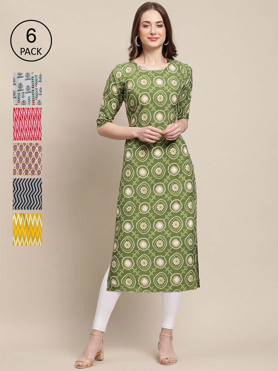 

7Threads Women's Crepe Multi Color Digital Printed Straight Kurta [PACK OF 6]