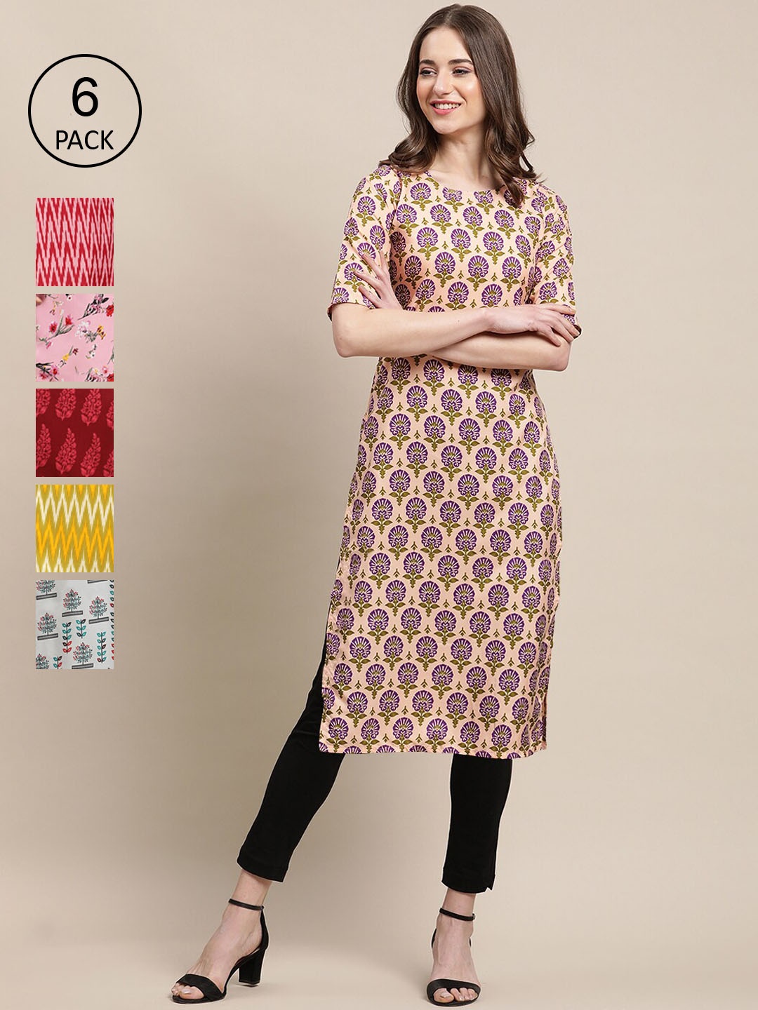 

7Threads Women Pack of 6 Ethnic Motifs Printed Summer Sheers Crepe Kurta, Multi