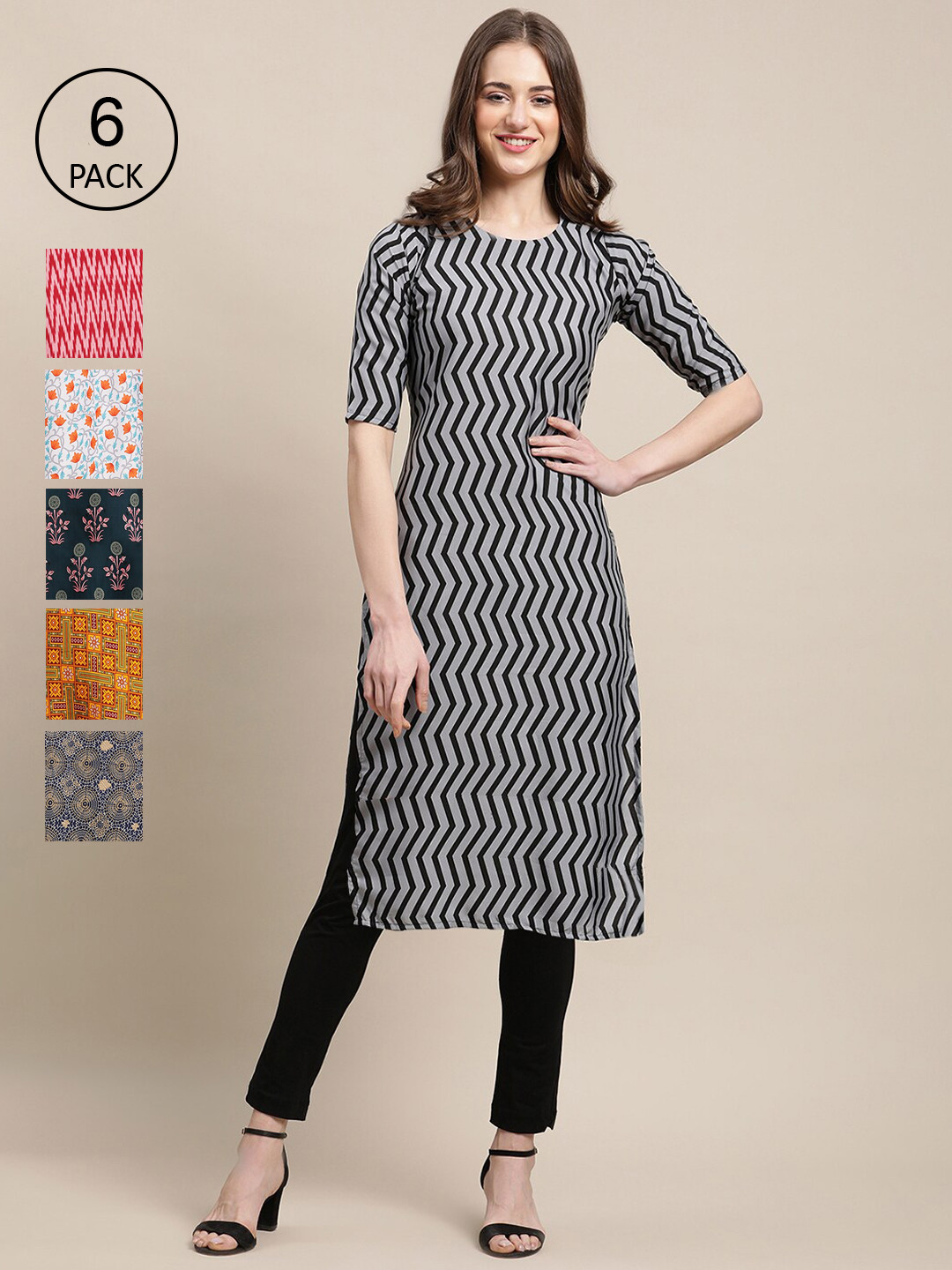 

7Threads Women Pack of 6 Digital Printed Crepe Straight Kurtas, Black