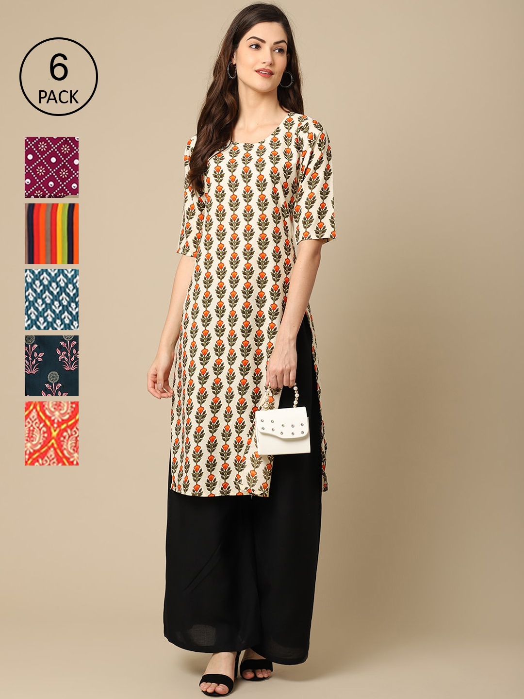 

7Threads Women Pack of 6 Digital Printed Crepe Straight Kurtas, Off white