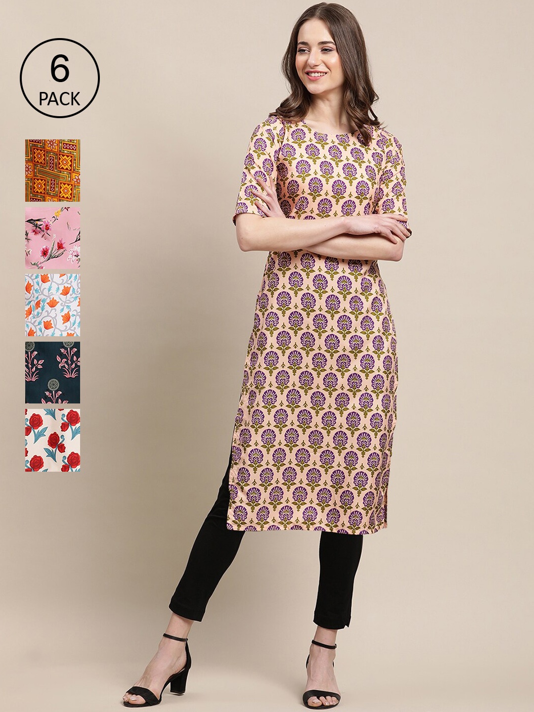 

7Threads Women Pack Of 6 Floral Gotta Patti Summer Sheers Crepe Kurta, Pink