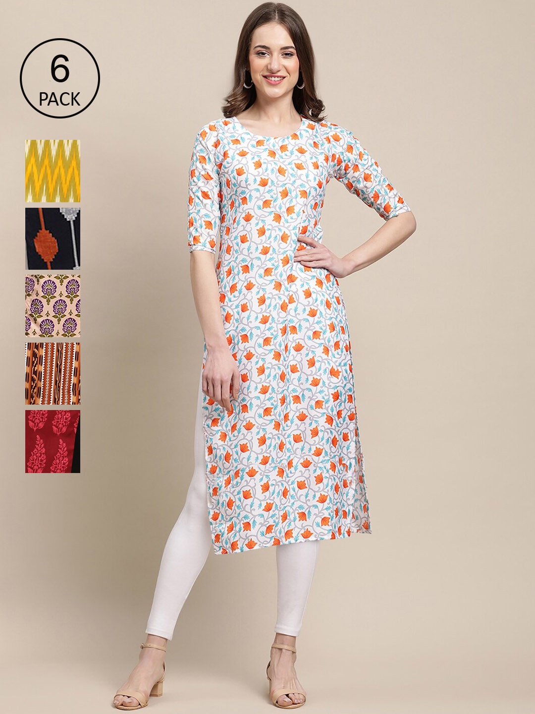 

7Threads Women Pack Of 6 Geometric Printed Summer Sheers Crepe Kurta, Yellow