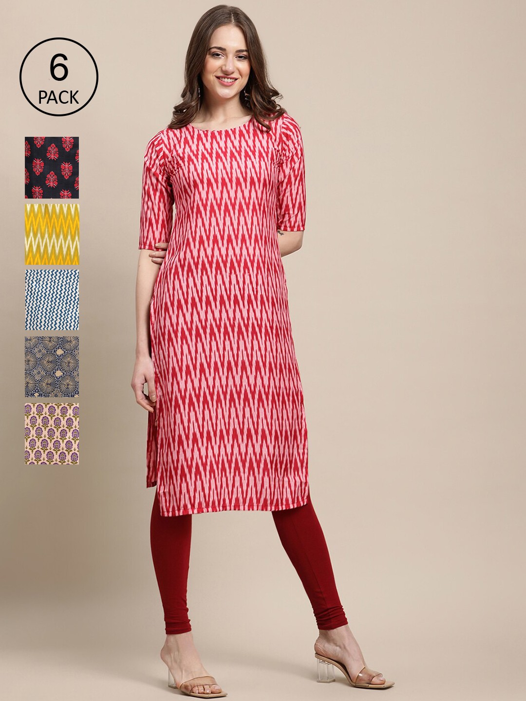 

7Threads Women Multicoloured Pack Of 6 Ethnic Motifs Printed Crepe Kurta, Multi