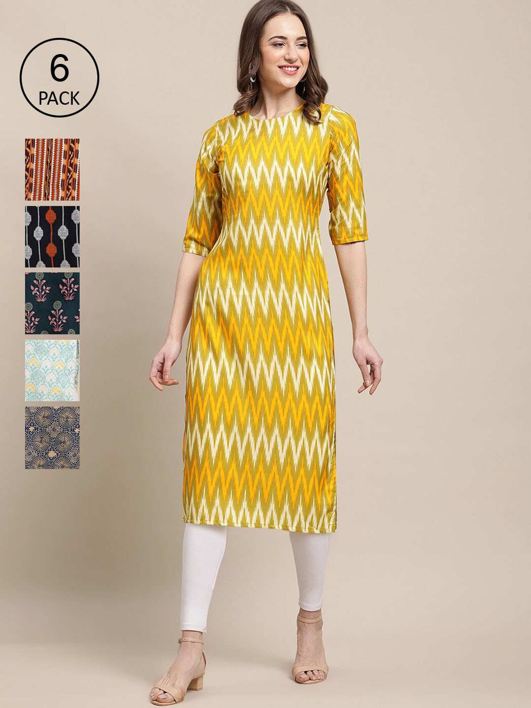 

7Threads Women Multicoloured Pack Of 6 Geometric Printed Crepe Kurta, Multi