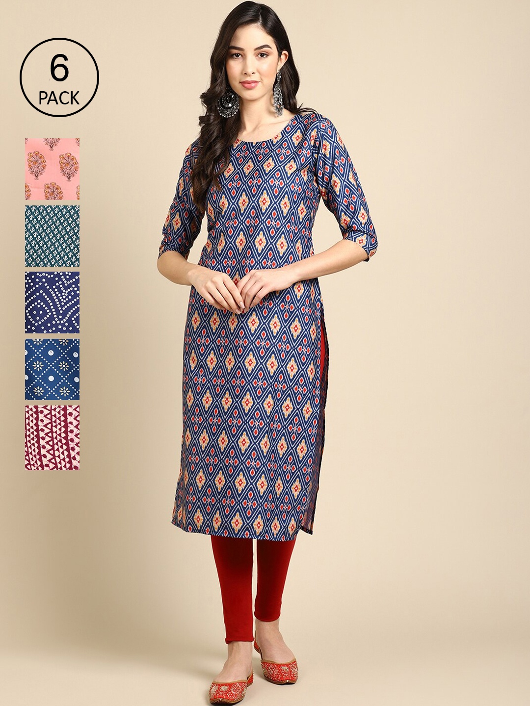 

7Threads Women Pack Of 6 Summer Sheers Crepe Kurta, Blue
