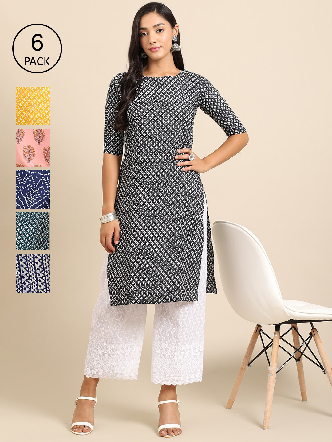 

7Threads Women Pack of 6 Ethnic Motifs Printed Crepe Kurta, Multi