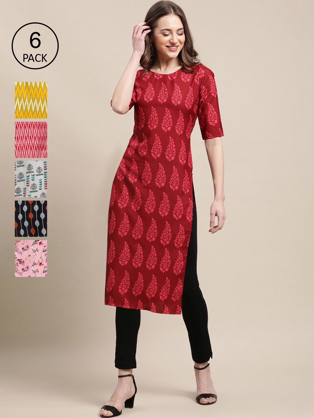 

7Threads Pack Of 6 Women Printed Crepe Kurta, Red