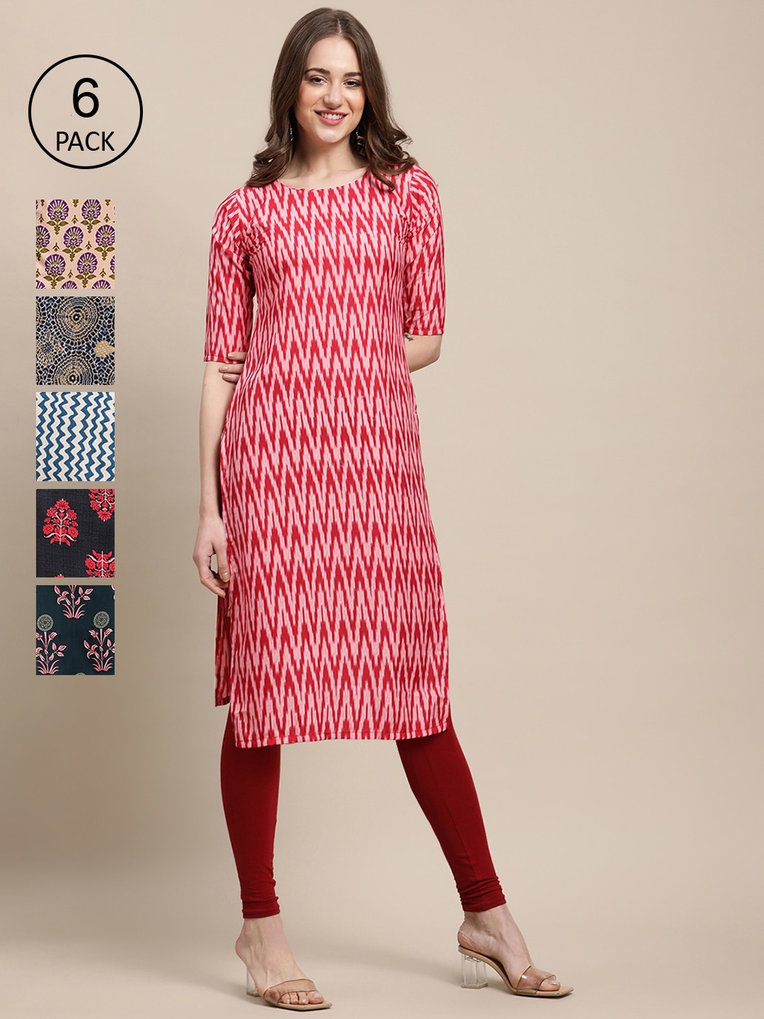 

7Threads Pack Of 6 Women Printed Crepe Kurta, Red