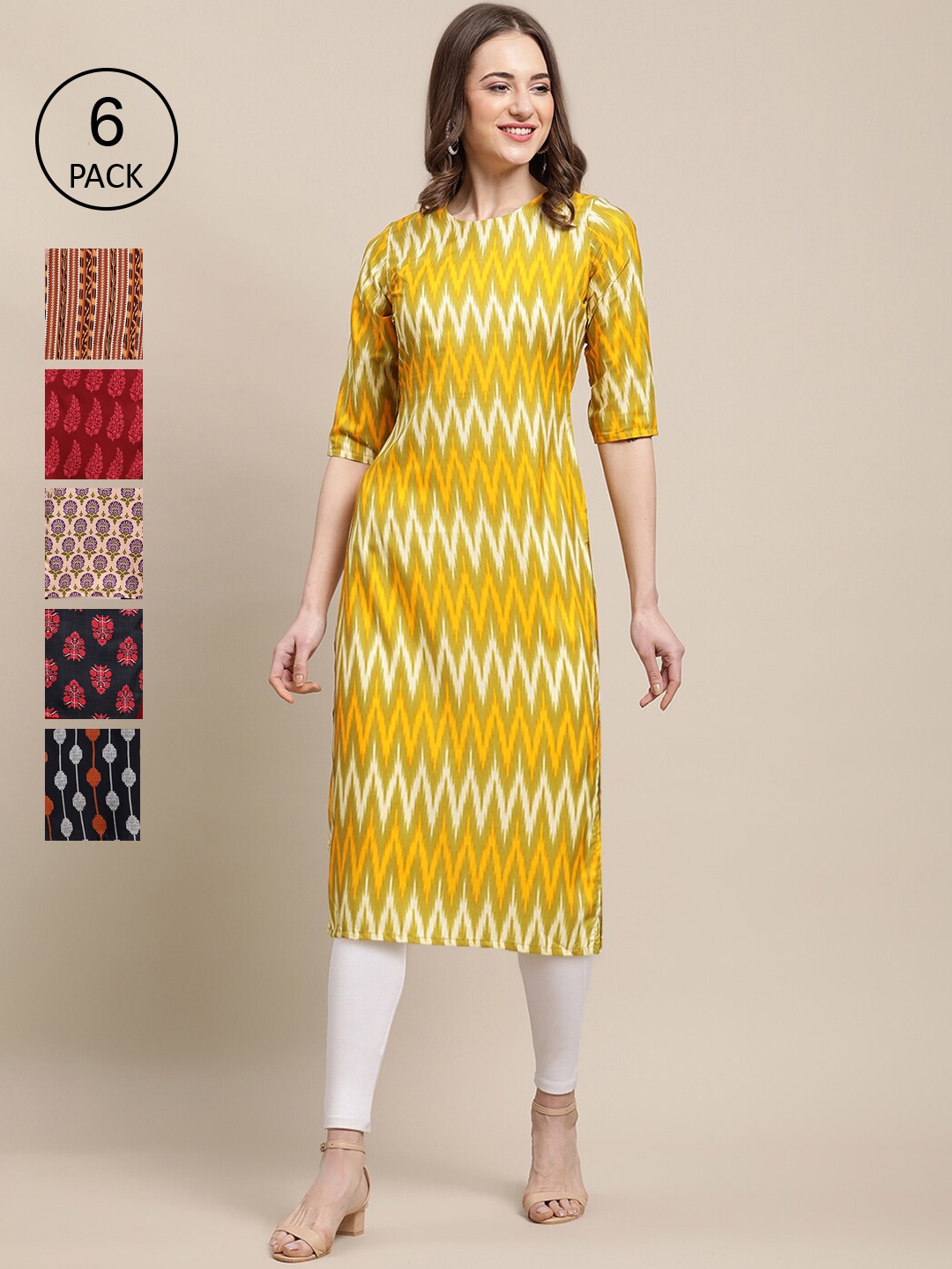 

7Threads Pack Of 6 Women Printed Crepe Kurta, Yellow