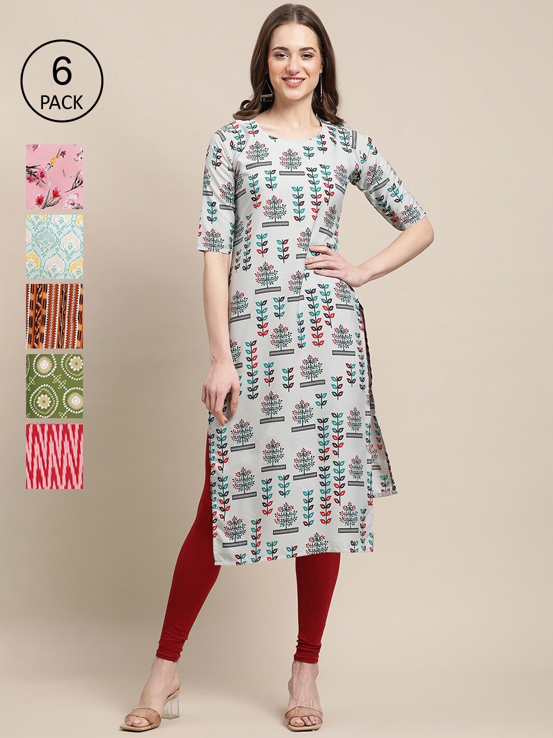 

7Threads Women Red And White Summer Sheers Crepe Kurta PACK OF 6