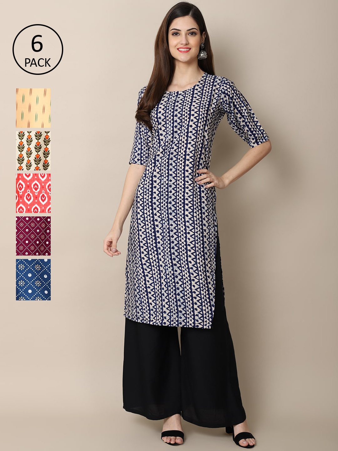 

7Threads Women Set Of 6 Yellow & Violet Ethnic Motifs Printed Crepe Kurta