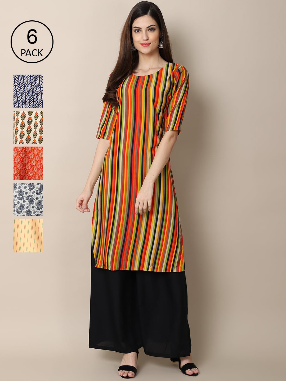 7Threads Women Set Of 6 Multicoloured Striped Crepe Kurta, Multi