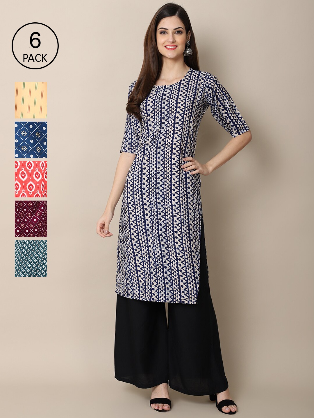 

7Threads Women Set Of 6 Blue & Violet Ethnic Motifs Printed Crepe Kurta
