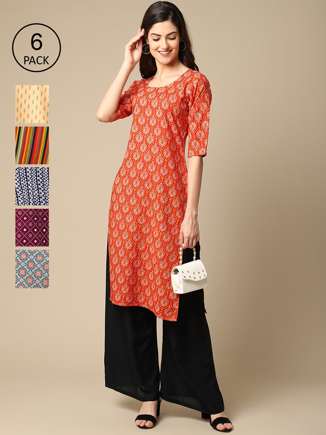 

7Threads Women Pack Of 6 Ethnic Motifs Printed Crepe Kurta, Red