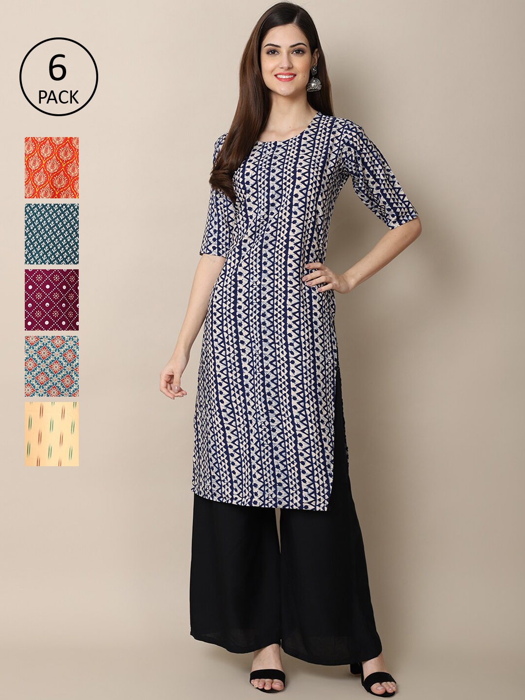 

7Threads Women Pack Of 6 Ethnic Motifs Printed Crepe Kurta, Blue
