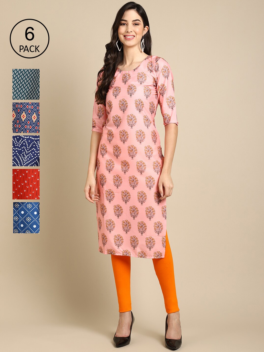 

7Threads Women Multicoloured Pack Of 6 Ethnic Motifs Printed Crepe Kurta, Multi
