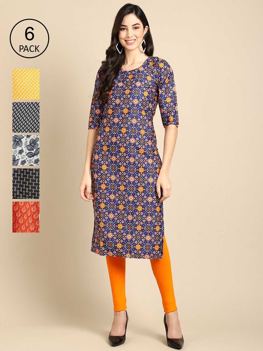 

7Threads Women Pack Of 6 Multicoloured Geometric Printed Crepe Kurta, Multi