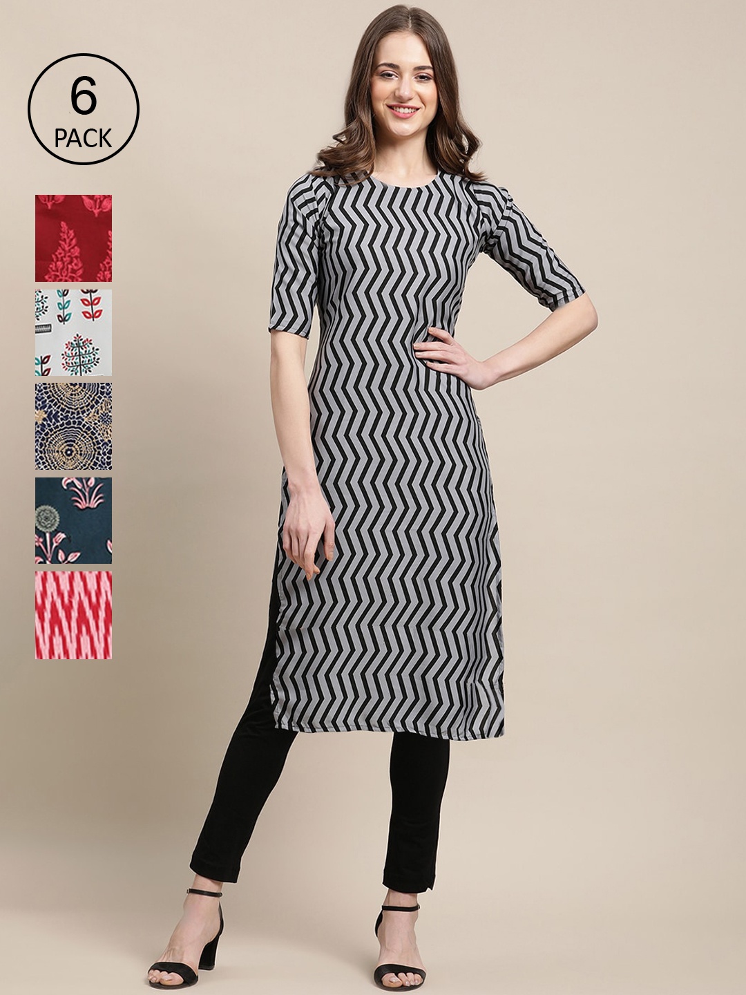 

7Threads Women Pack of 6 Digital Printed Crepe Straight Kurtas, Black