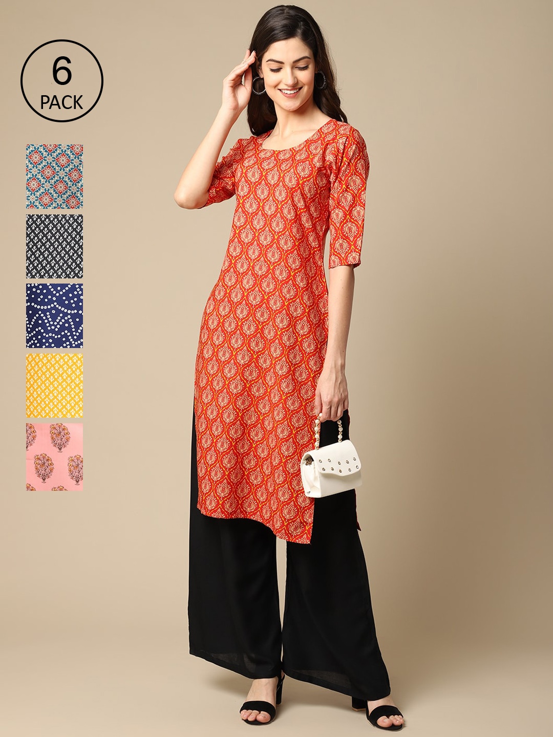 

7Threads Women Pack of 6 Digital Printed Crepe Straight Kurtas, Pink