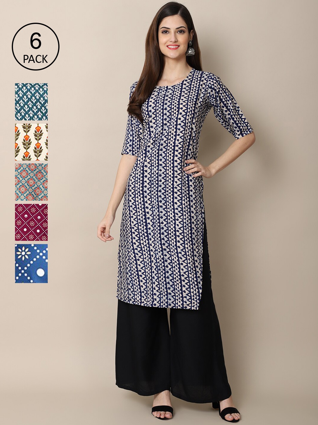 7Threads Women Pack of 6 Digital Printed Crepe Straight Kurtas, Blue