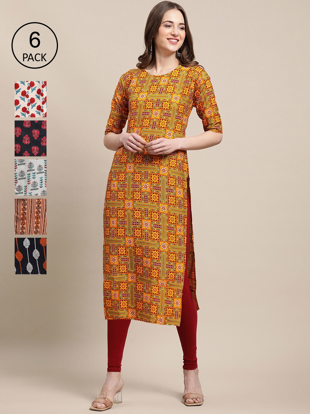 

7Threads Women Pack of 6 Digital Printed Crepe Straight Kurtas, Red