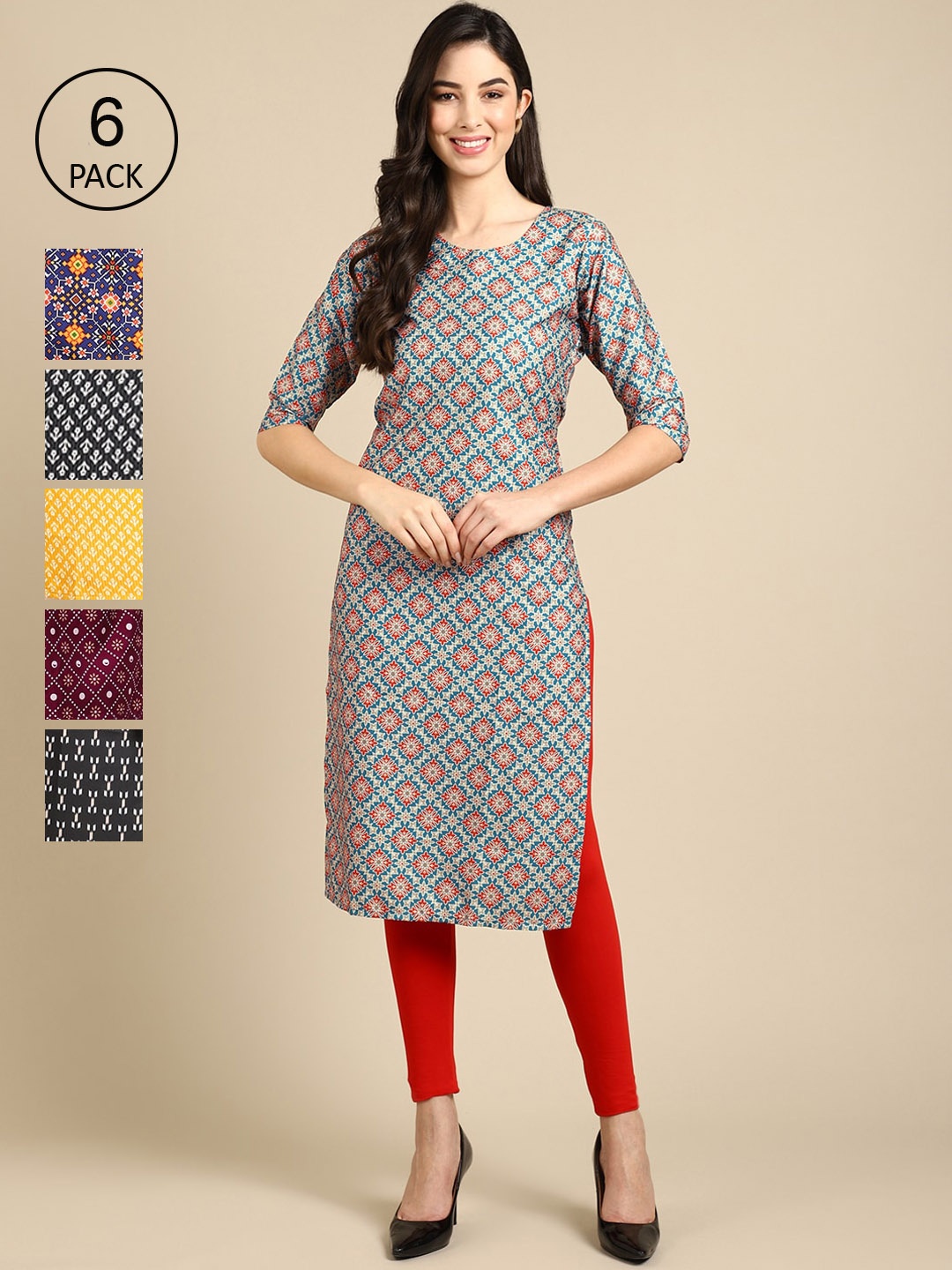 

7Threads Women Pack Of 6 Printed Summer Sheers Crepe Kurta, Yellow