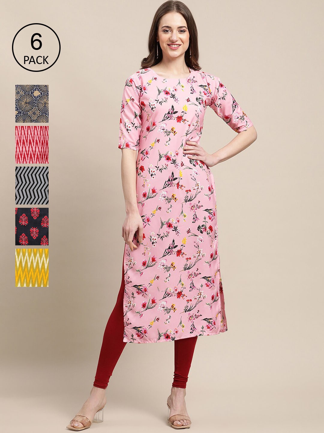 

7Threads Women Pack Of 6 Printed Summer Sheers Crepe Kurta, Pink