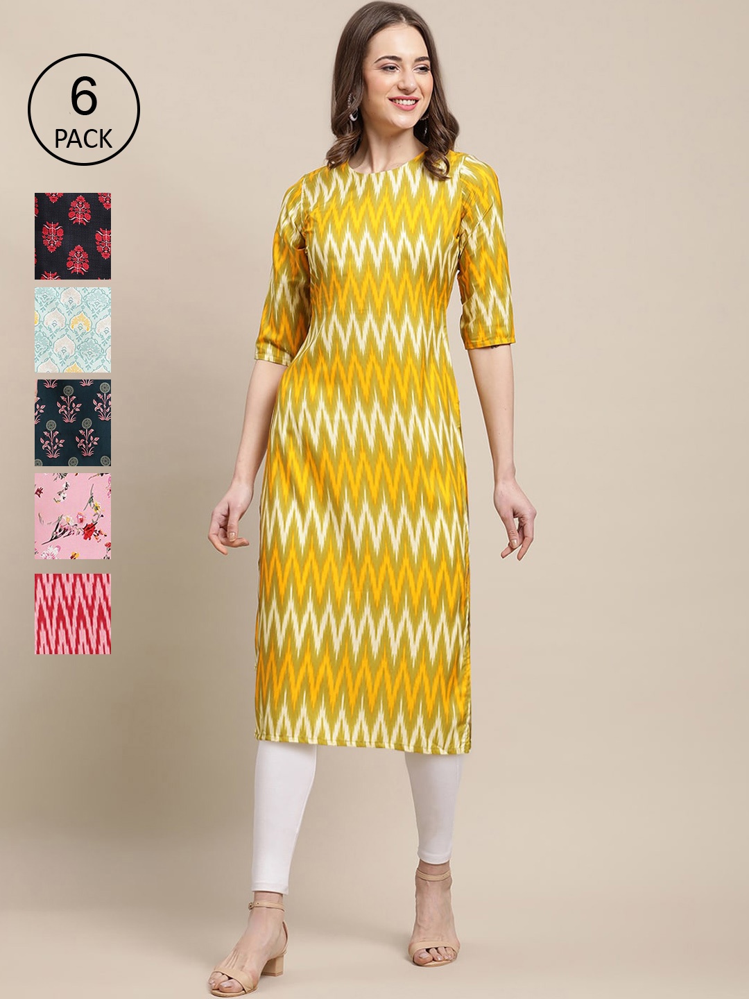 

7Threads Women Pack Of 6 Printed Summer Sheers Crepe Kurta, Yellow