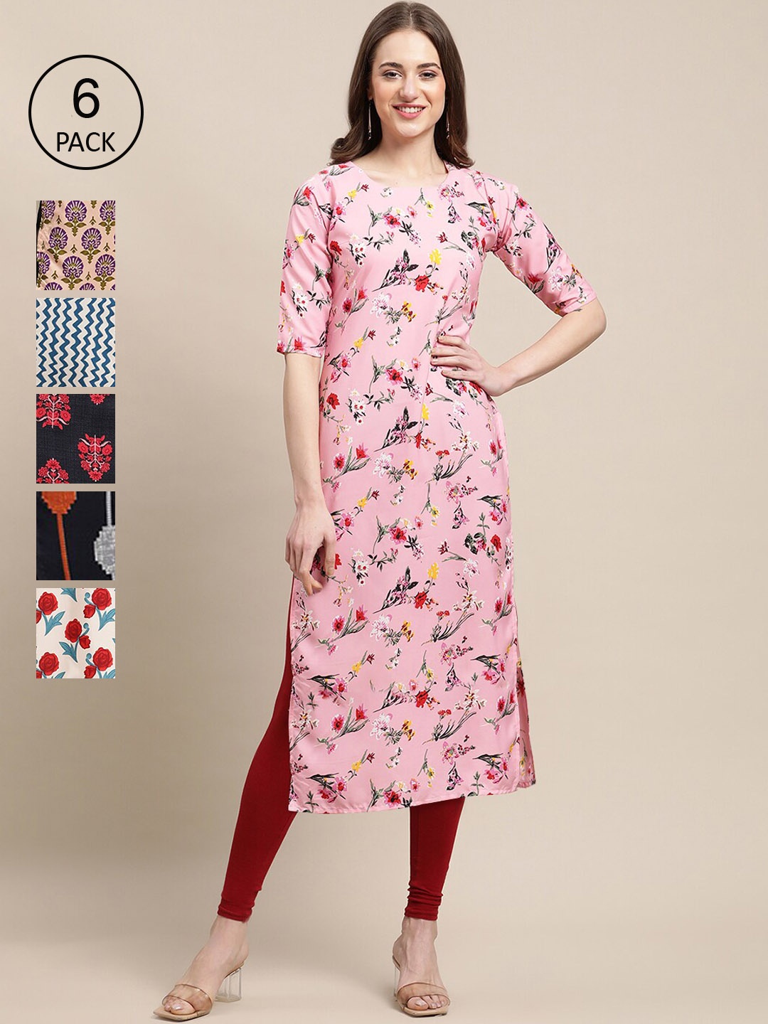 

7Threads Women Pack Of 6 Geometric Printed Block Print Crepe Kurta, Pink