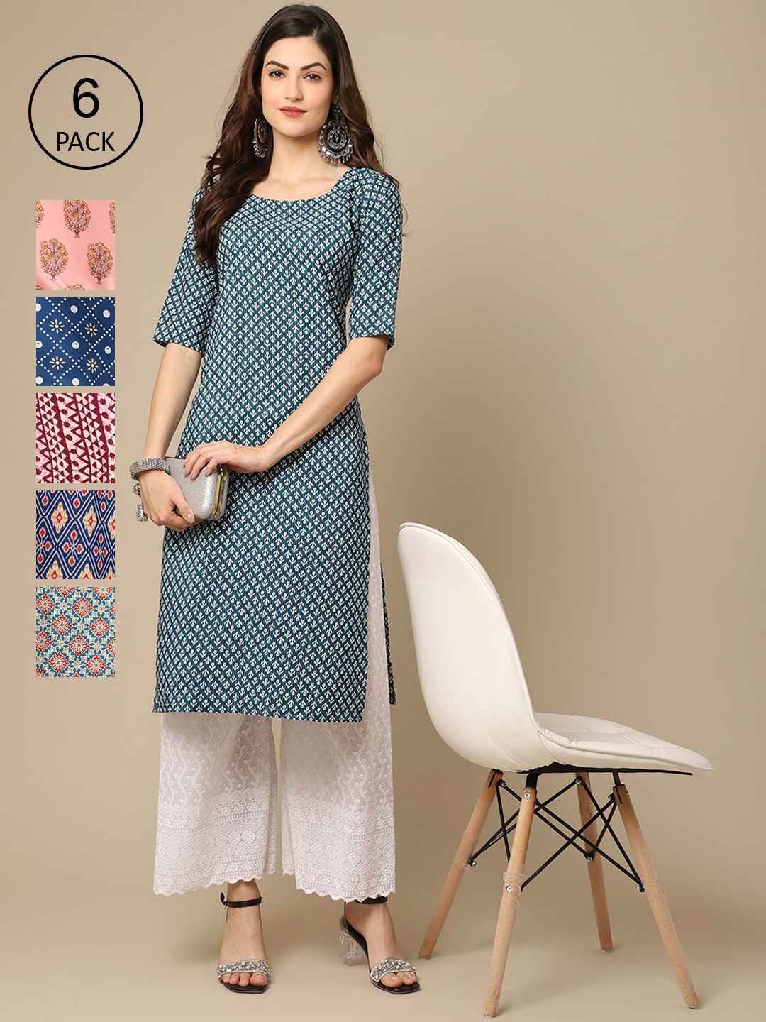 

7Threads Women Pack of 6 Geometric Printed Block Print Crepe Kurta, Blue