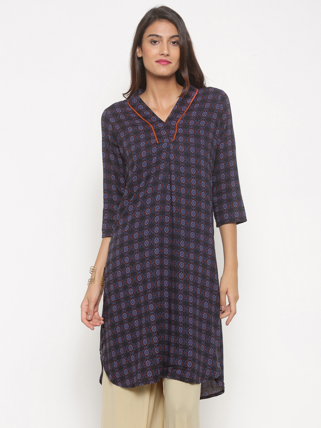 

Global Desi Women Blue Printed A-Line Kurta