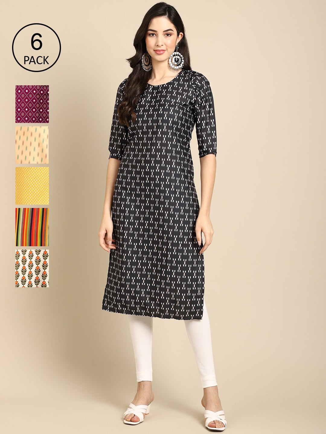 

7Threads Women Pack Of 6 Geometric Printed Block Print Crepe Kurta, Black