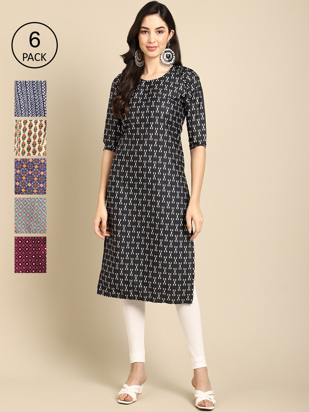 

7Threads Women Black & Blue Pack Of 6 Geometric Printed Crepe Kurtas