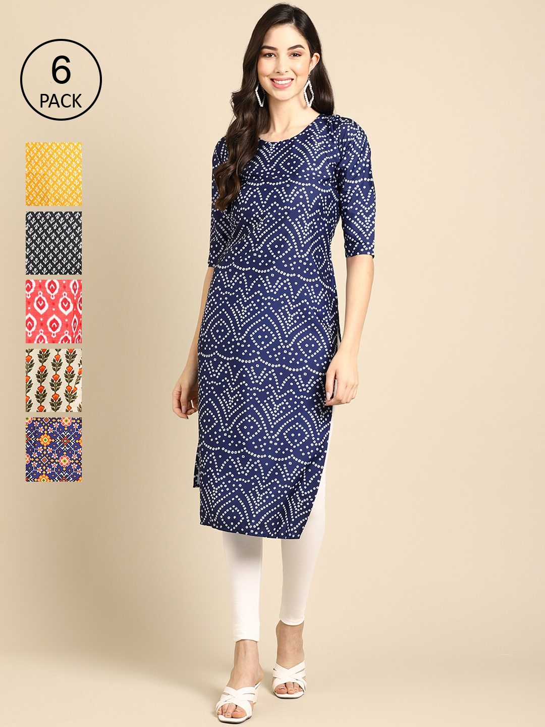 

7Threads Women Blue & Yellow Pack Of 6 Geometric Printed Crepe Kurtas