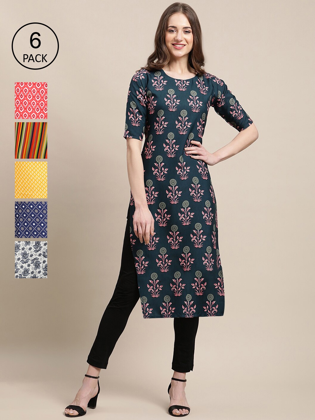 

7Threads Women Teal & Coral Pack Of 6 Geometric Printed Crepe Kurtas