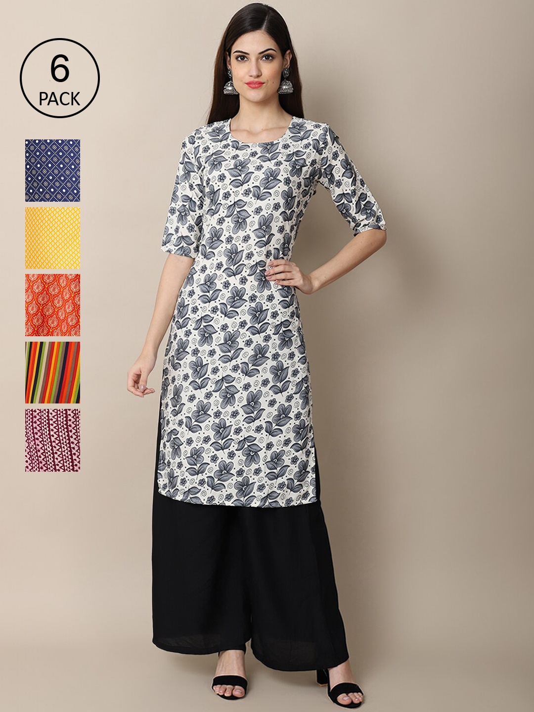 

7Threads Women Grey & Blue Pack Of 6 Geometric Printed Crepe Kurtas