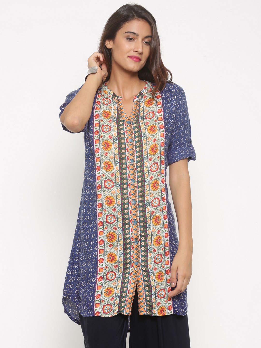 

Global Desi Women Blue Printed A-Line Kurta