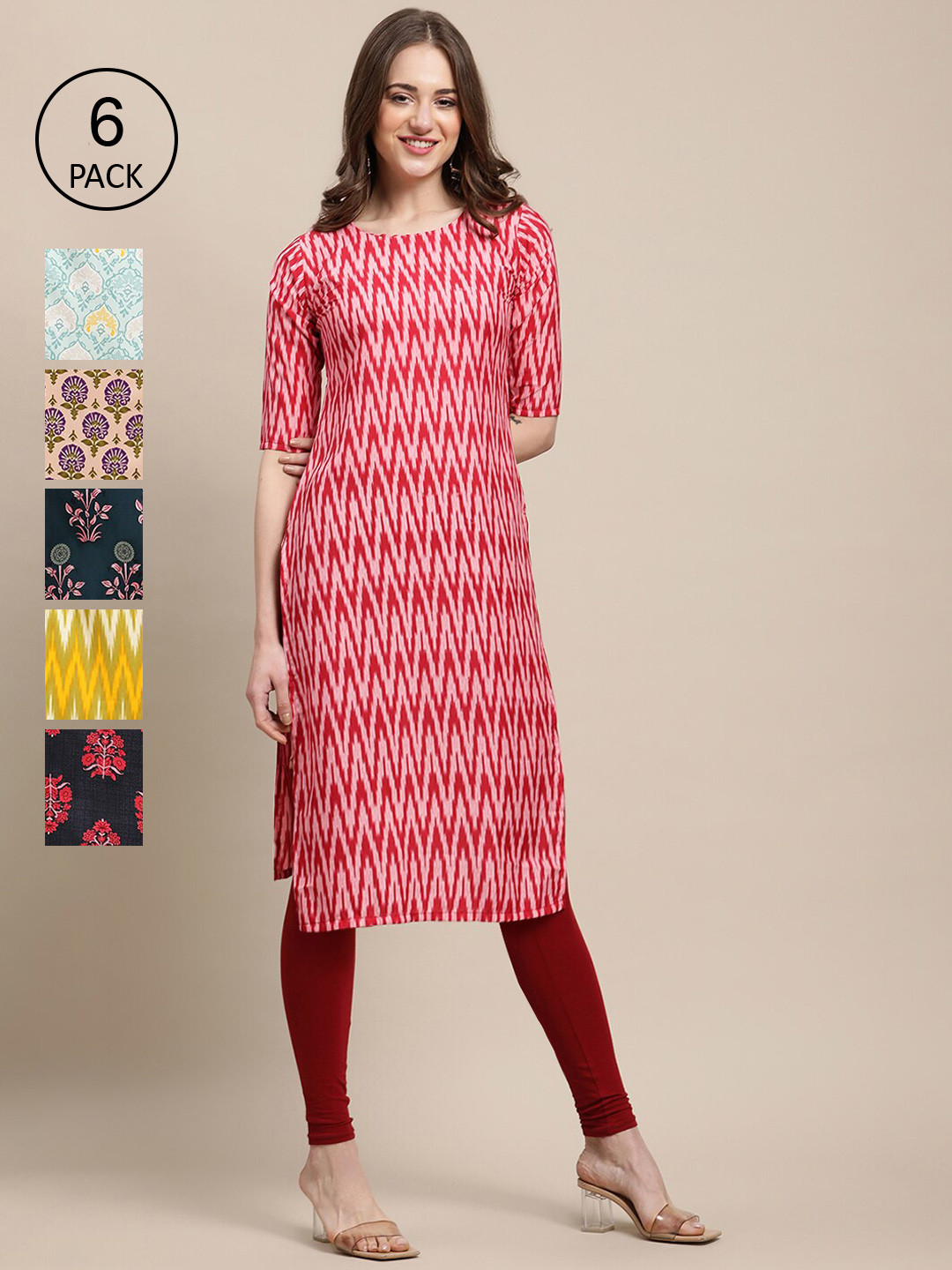 

7Threads Women Pack of 6 Printed Crepe Kurta, Pink
