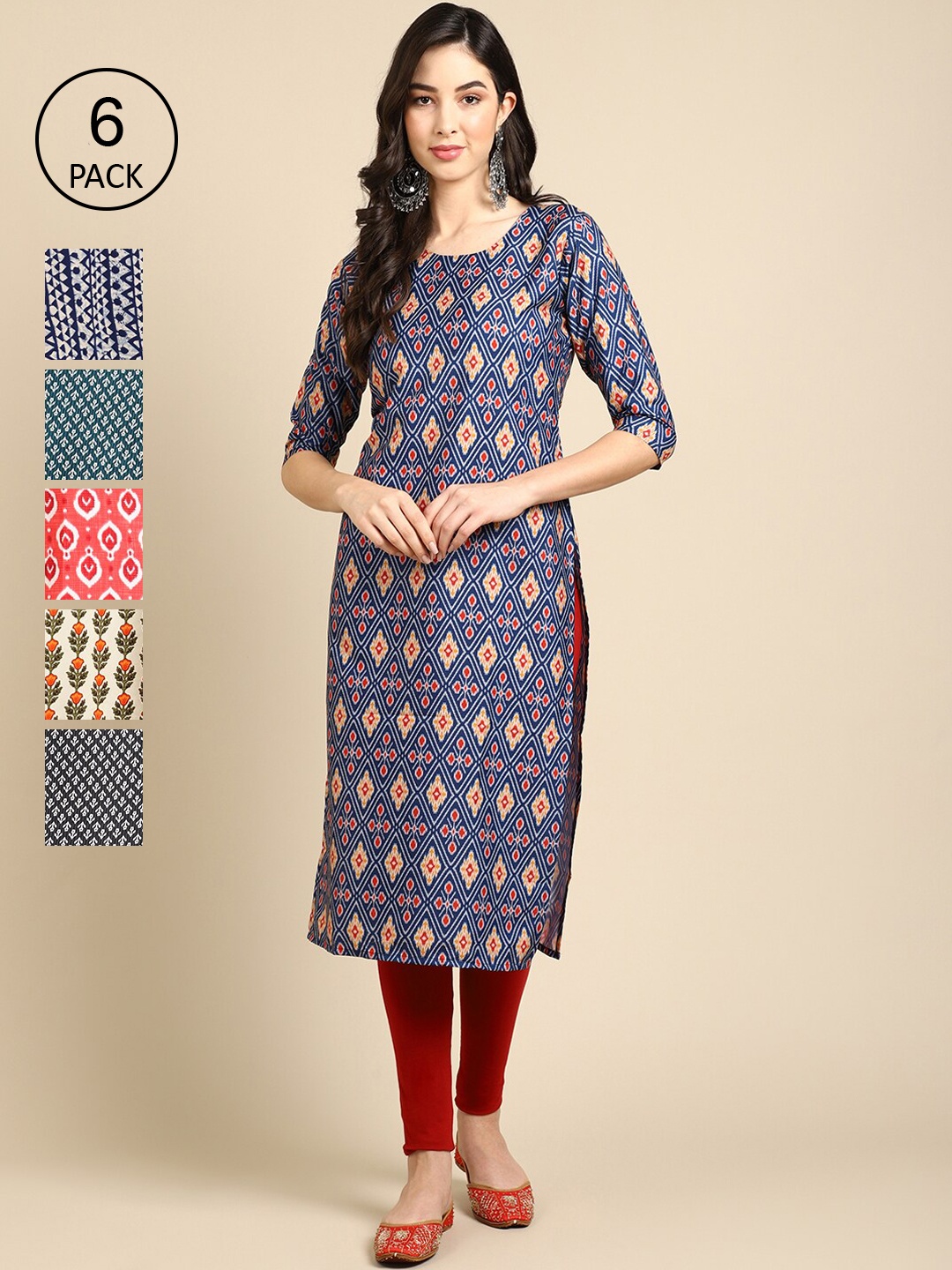 

7Threads Women Pack of 6 Printed Crepe Kurta, Blue