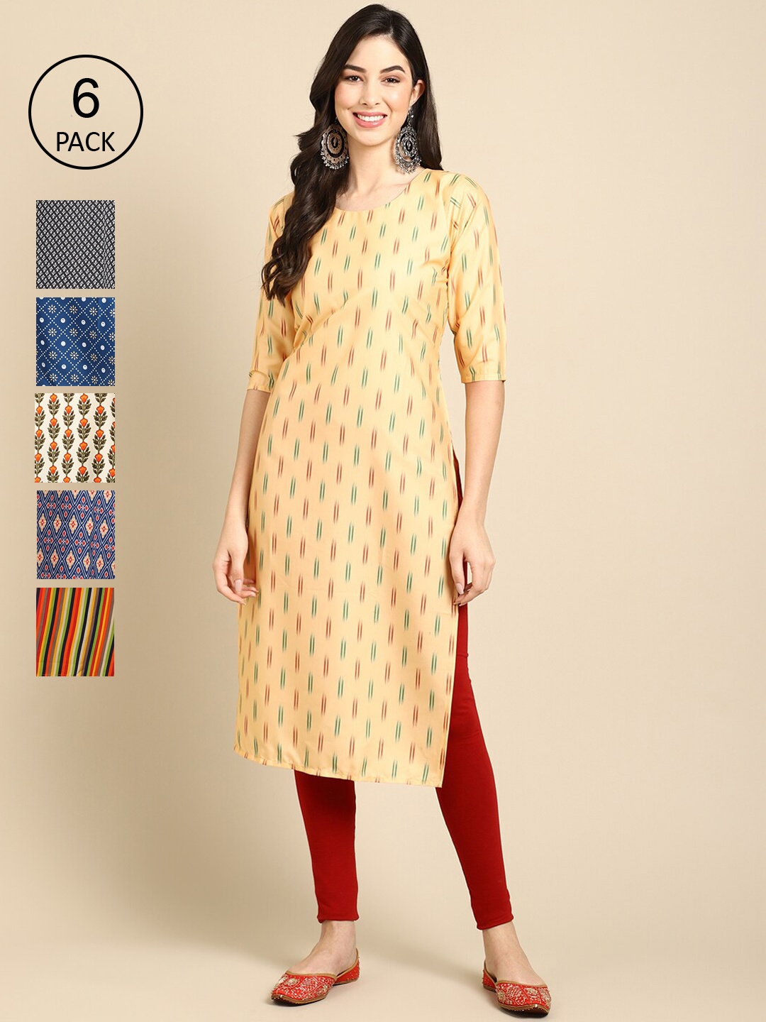 

7Threads Women Pack of 6 Printed Crepe Kurta, Blue