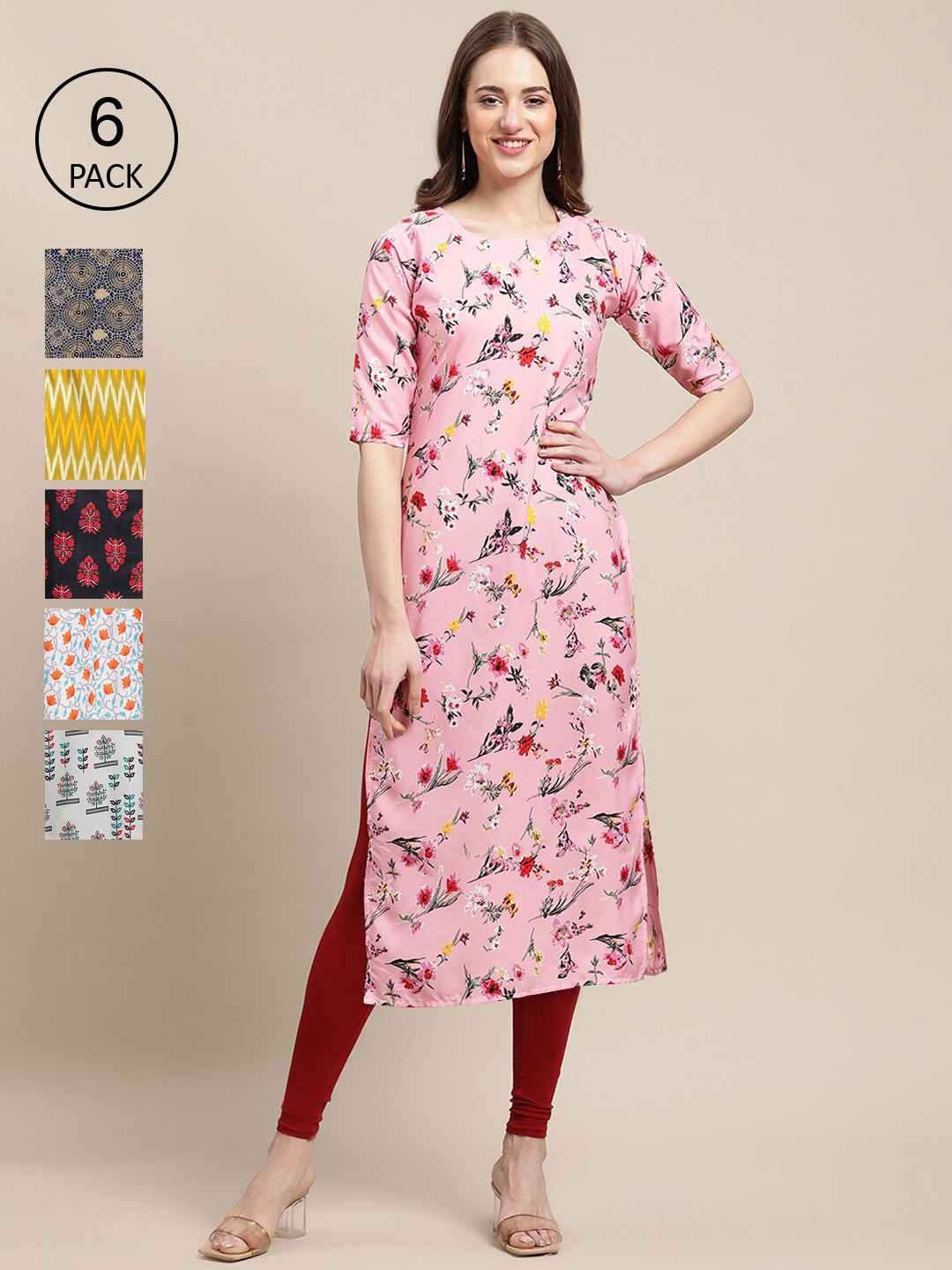 

7Threads Women Pack of 6 Printed Crepe Kurtas, Multi