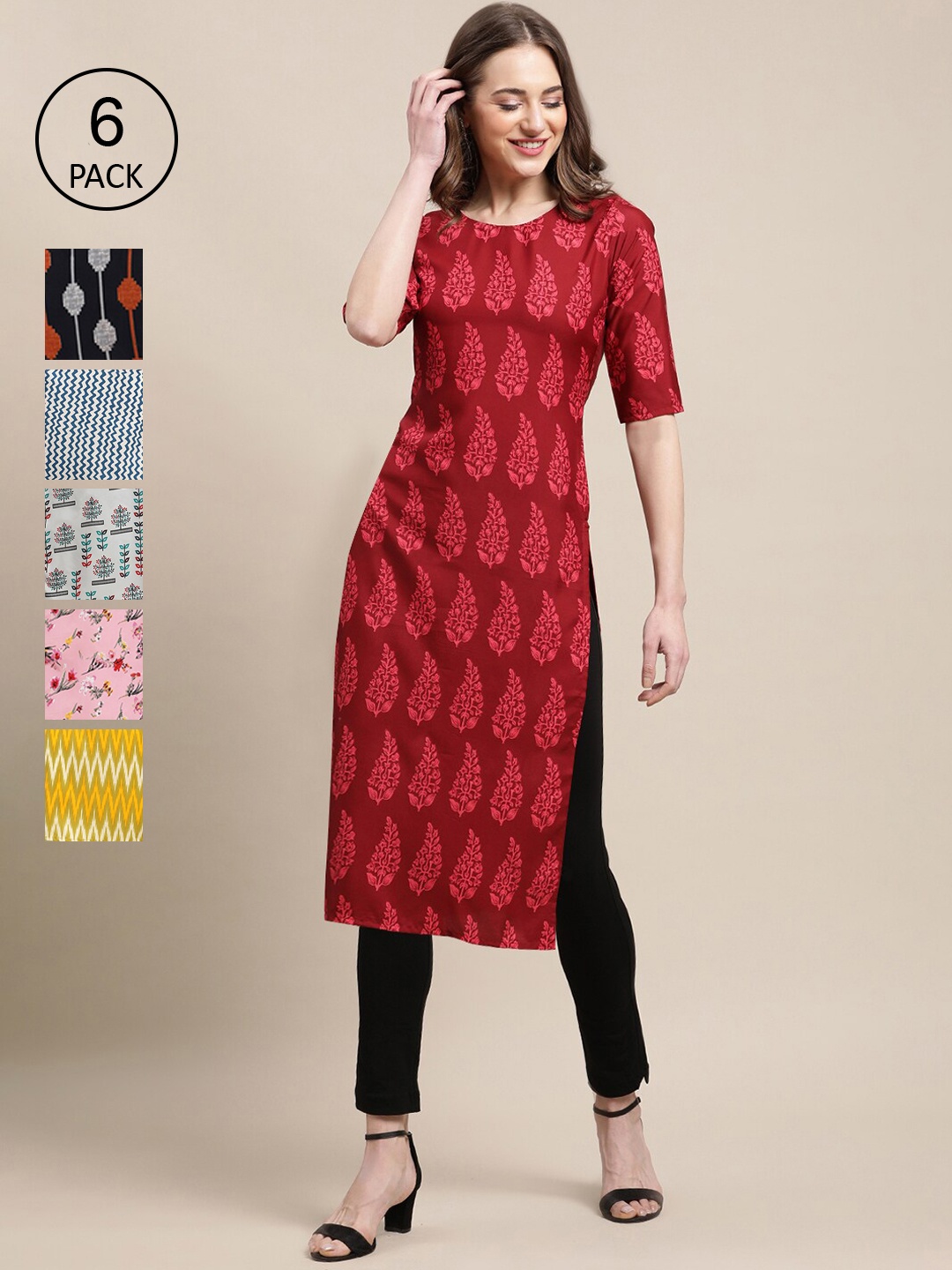 

7Threads Women Pack of 6 Women Printed Straight Crepe Kurta, Red