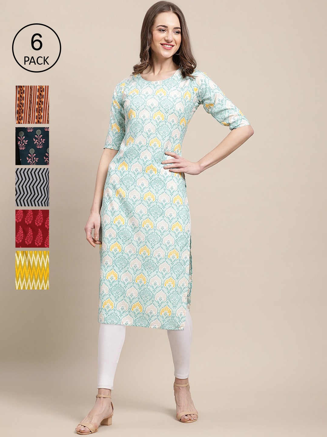 

7Threads Pack of 6 Women Printed Straight Crepe Kurta, Multi