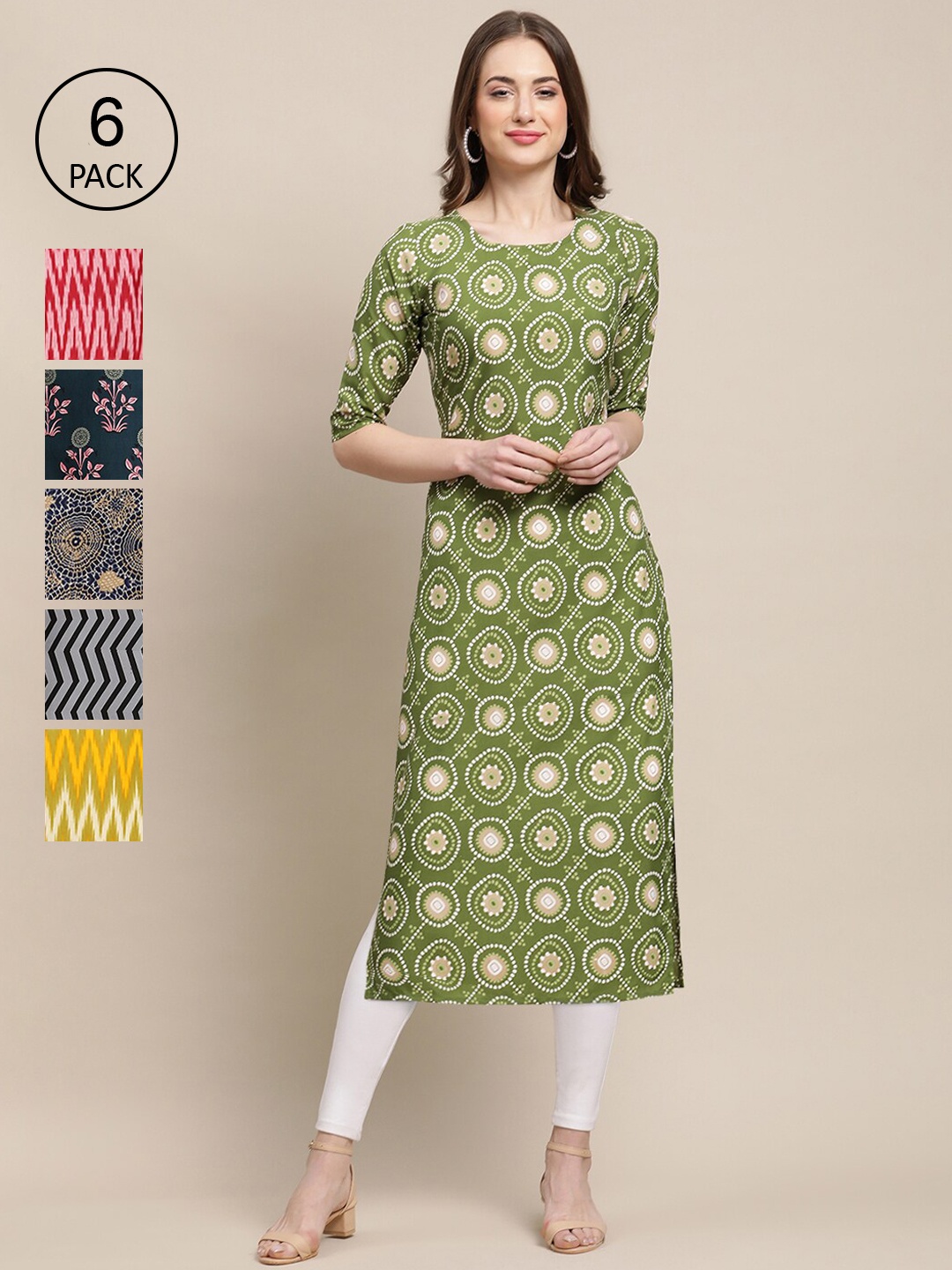 

7Threads Pack of 6 Women Printed Straight Crepe Kurta, Multi