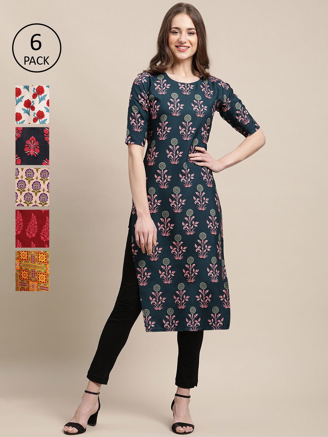 

7Threads Pack of 6 Women Printed Straight Crepe Kurta, Multi