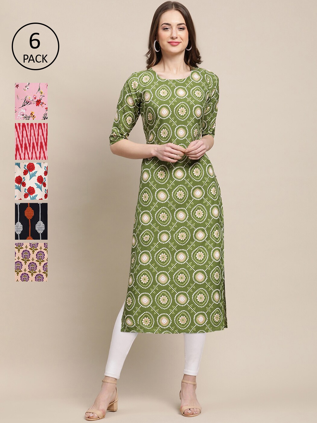 

7Threads Women Green & Pink Ethnic Motifs Printed Summer Sheers Crepe Kurta